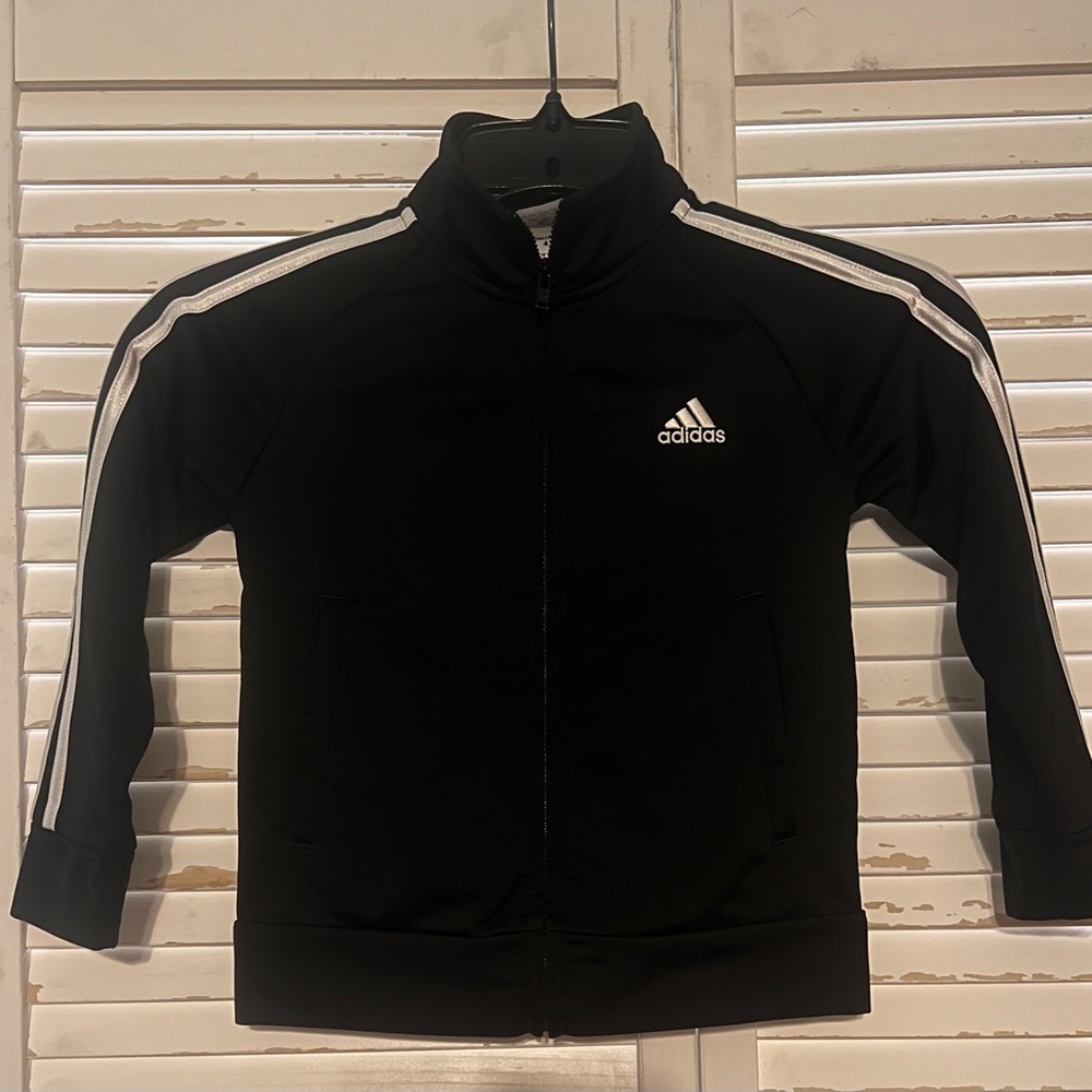 adidas Youth Black Track Jacket with White Shoulder Stripes Pit to Pit 13”